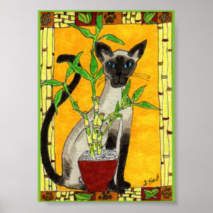 Poster Chat siamois avec Bambou Plante Mini Art populaire