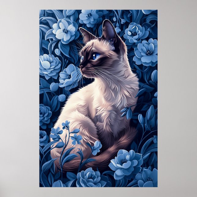 Poster Chat siamois en Fleurs Bleues (Devant)