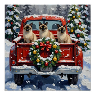 Poster Chat siamois Noël camion rouge Fêtes