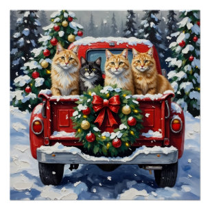 Poster Chat Sibérien Noël Camion Rouge Fêtes