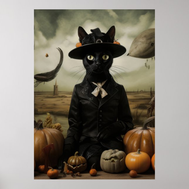 Poster Chat sorcière avec citrouilles  (Devant)
