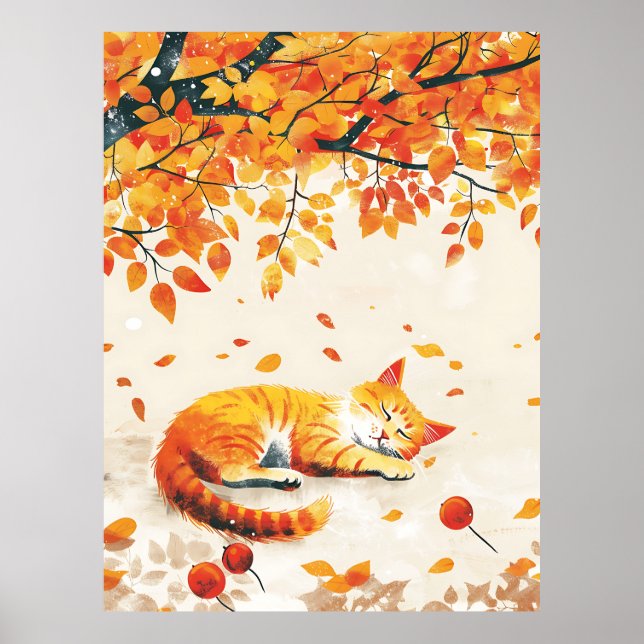 Poster Chat Sous Feuilles, Cosy Art Décor Automne, Maison (Devant)