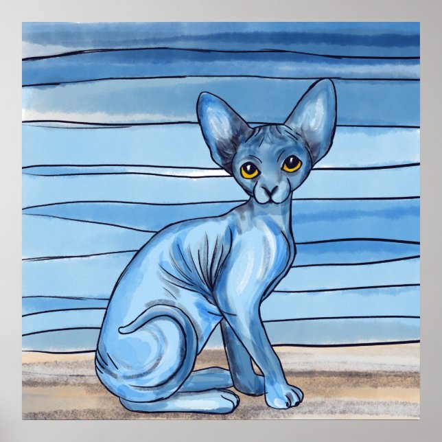 Poster Chat Sphynx Aquarelle Bleu (Devant)