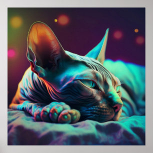 Poster Chat Sphynx au repos dans une lumière sarcelle et