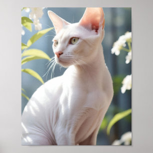 Poster Chat Sphynx blanc et fleurs