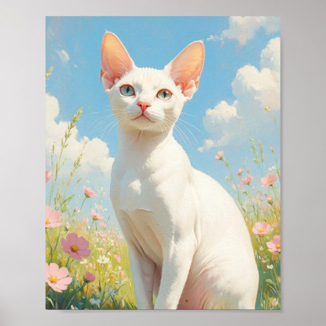 Poster Chat Sphynx blanc et fleurs (Devant)