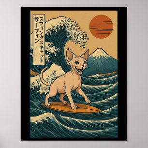 Poster Chat Sphynx surfant sur la vague japonaise Grande
