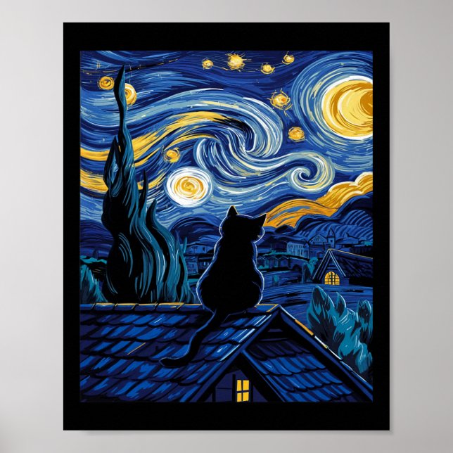 Poster Chat Starry Nuit Van Gogh Chat Art Lover Drôle Cha (Devant)