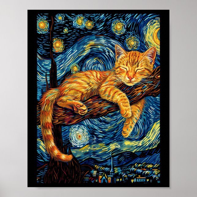 Poster Chat Starry Nuit Van Gogh Chat pour Amoureux des c (Devant)