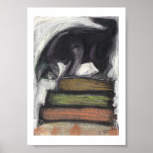 Poster Chat sur des livres - copie de la peinture en