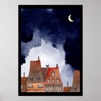 Poster Chat sur les toits de Paris en Nuit Aquarelle