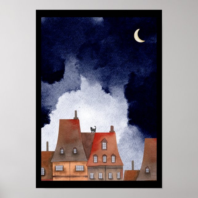 Poster Chat sur les toits de Paris en Nuit Aquarelle (Devant)