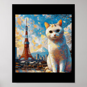 Poster Chat surplombant la Tour de Tokyo avec le Mont Fuj