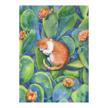 Chat Tabby Rouge Endormi Parmi l'Art de Cactus en
