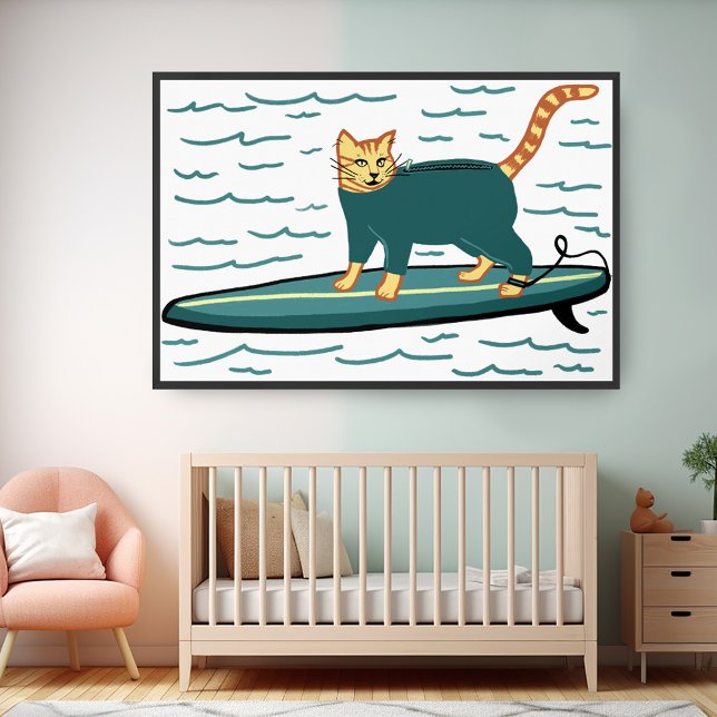 Poster Chat tabby surfant drôle chambre enfants plage (Surfing Tabby Cat Poster
Nursery Playroom Kids Surf Beach Fun Cute Wall Art)