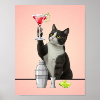 Poster Chat tenant un Martini Rose sur Fond Rose Art