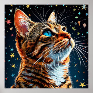 Poster Chat tigré aux yeux bleus contemple le ciel étoilé