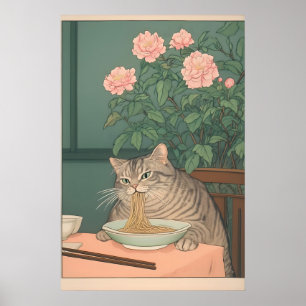 Poster Chat tigré mangeant des nouilles - Estampe Ukiyo-e