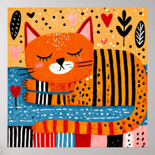 Poster Chat tigré orange, dessin coloré,