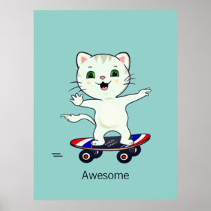 Poster Chat tigré patineur drôle