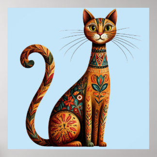 Poster Chat tribal boho mignon art folklorique avec des f