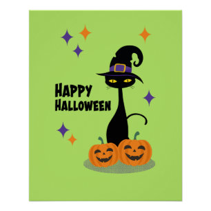 Poster Chat vert d'Halloween atomique du milieu du siècle