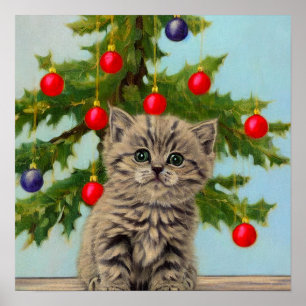 Poster Chat vintage et sapin de Noël