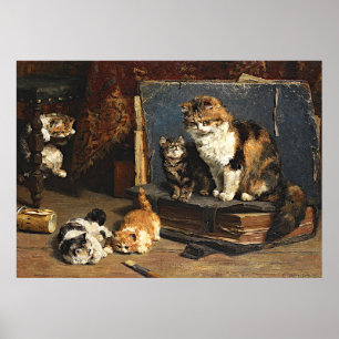 Poster Chat vintage orange noir et blanc avec chatons