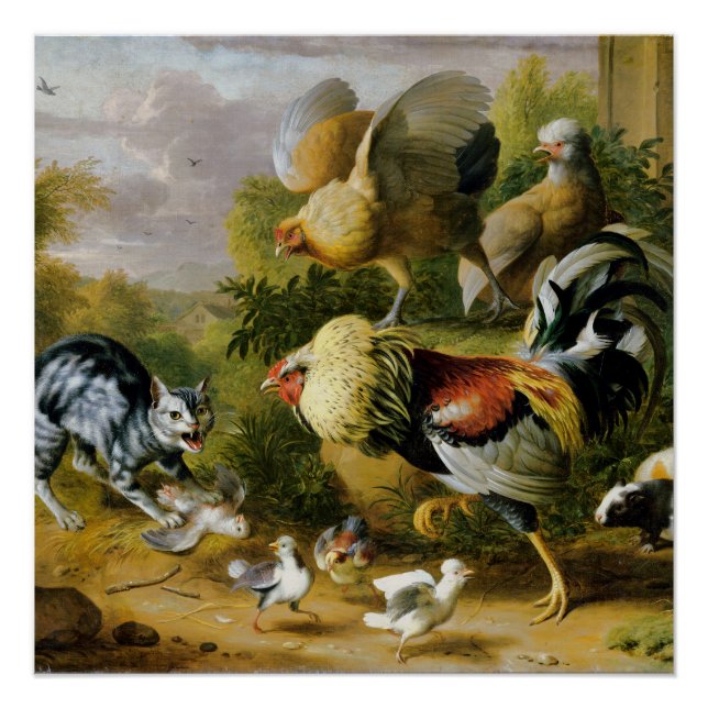Poster Chat vintage parmi les coqs (Devant)