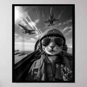 Poster Chat Volant Selfie Drôle Pilote de Chasse Mème Réa