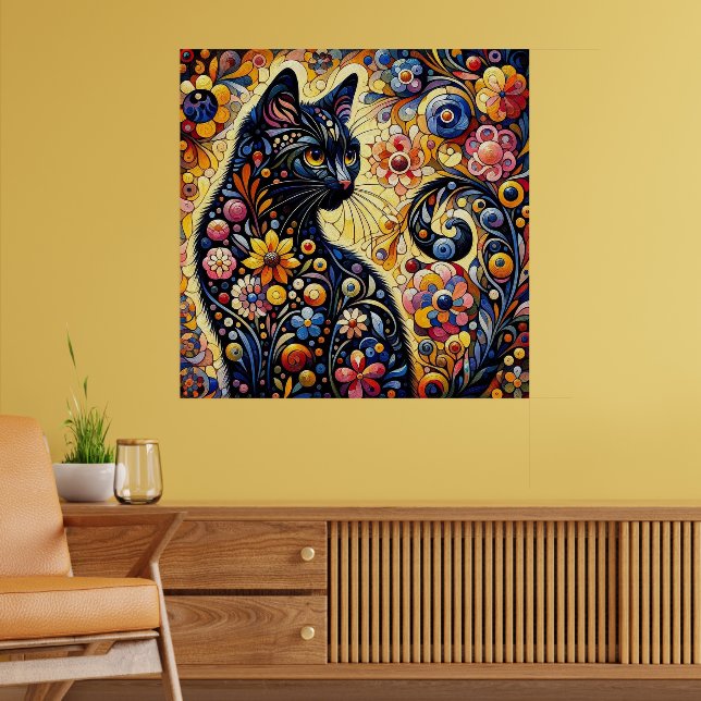Poster Chat Whimsical Noir Abstrait peinture florale Art (Salon 2)