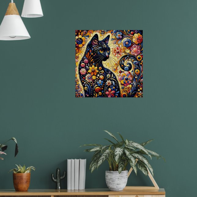 Poster Chat Whimsical Noir Abstrait peinture florale Art (Salon 1)