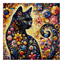 Chat Whimsical Noir Abstrait peinture florale Art