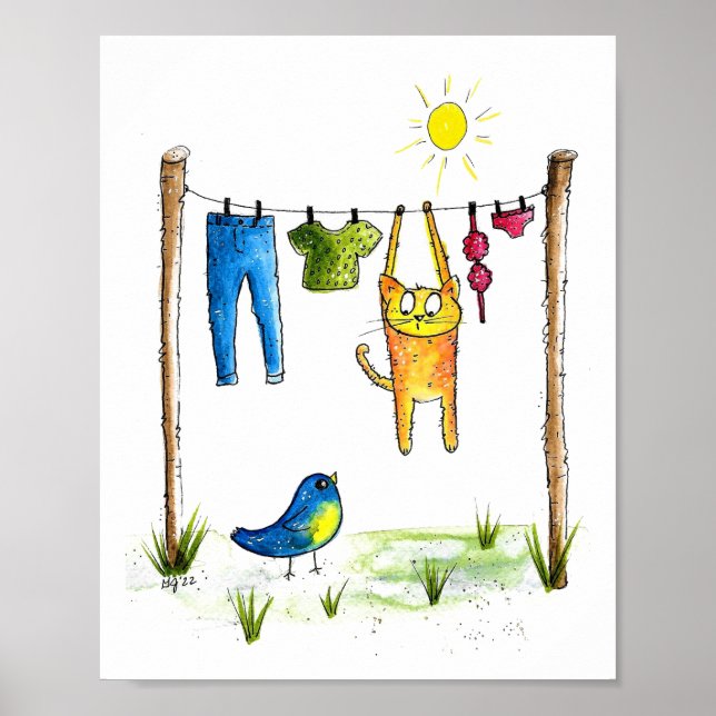 Poster Chat Whimsical sur une ligne de linge (Devant)