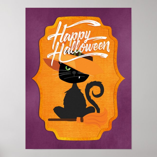 Poster Chat Witch Halloween heureux (Devant)