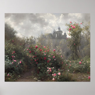 Poster Château abandonné jardin rose - Art vintage