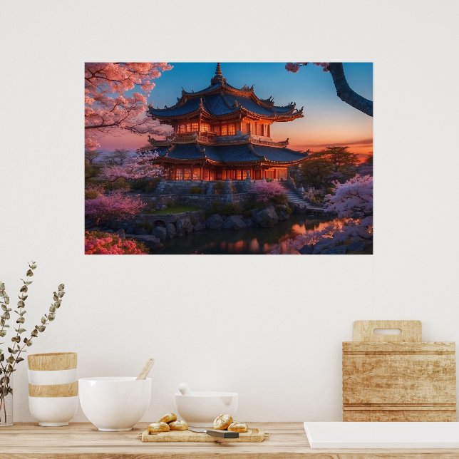 Poster Château asiatique du coucher de soleil sur le jard (Cuisine)