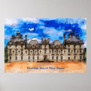 Poster Château Cheverny, vallée de la Loire, France.