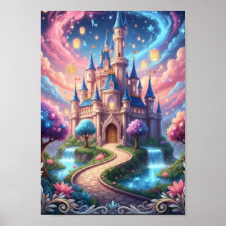 Poster Château Cosmique Enchanté Lanternes Flottantes Fan