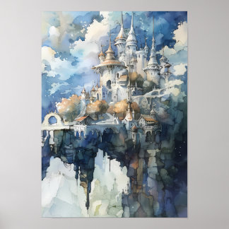 Poster Château de conte de fée fantaisiste sur falaise cé