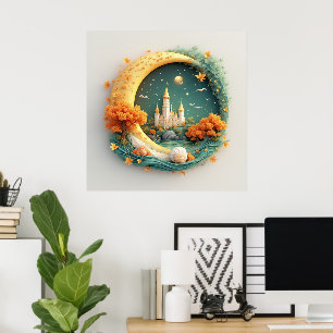 Poster Château de conte de fées entouré d'arbres saisonni