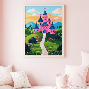 Poster Château de fantaisie rose Coucher de soleil Paysag