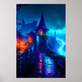 Poster Château de fantasy néon sombre cyberpunk rivière