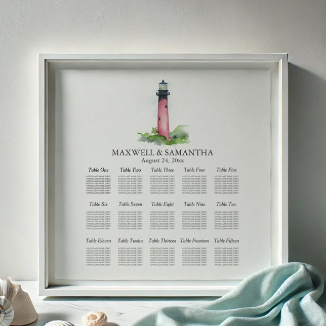 Poster Château de mariage de plage (Seating chart for destination weddings watercolor Jupiter lighthouse art by Victoria Grigaliunas)