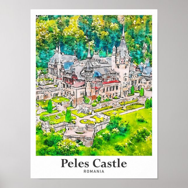 Poster Château de Peles Roumanie Voyage Aquarelle main ti (Devant)