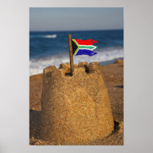 Poster Château de Sable Avec Drapeau Sud-Africain, Umhlan