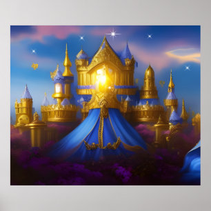 Poster Château Doré or bleu fantaisie magique