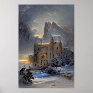 Poster Château En Neige, Château Rétro, Cadeau De Noël