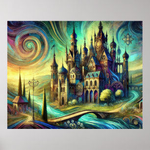 Poster Château Fantastique avec Ciel Tourbillonnant et Ri