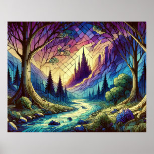 Poster Château Fantastique avec Forêt Enchantée et Rivièr